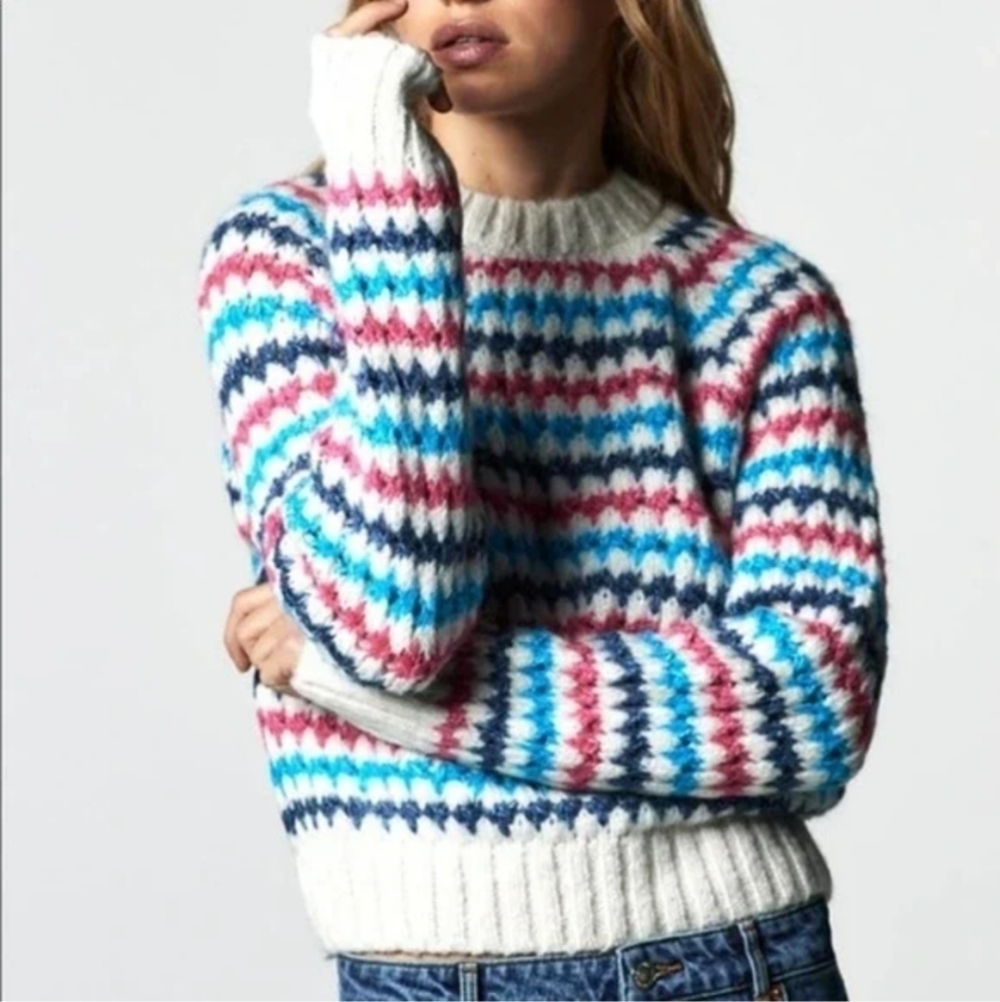 Zara knit crochet knit multicolored stripped sweater Large @L